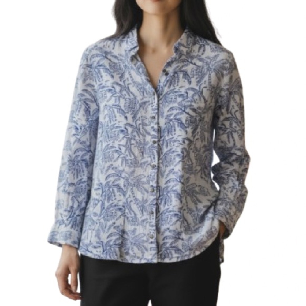 Roberta Roller Rabbit Blue White Palm Elephant Print Button Front Blouse Medium